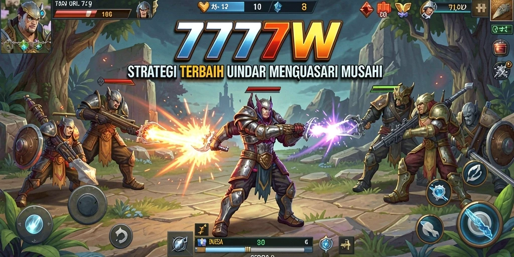 Tangkapan layar utama <strong>7777W</strong> menampilkan suasana pertempuran strategis yang mendebarkan.
