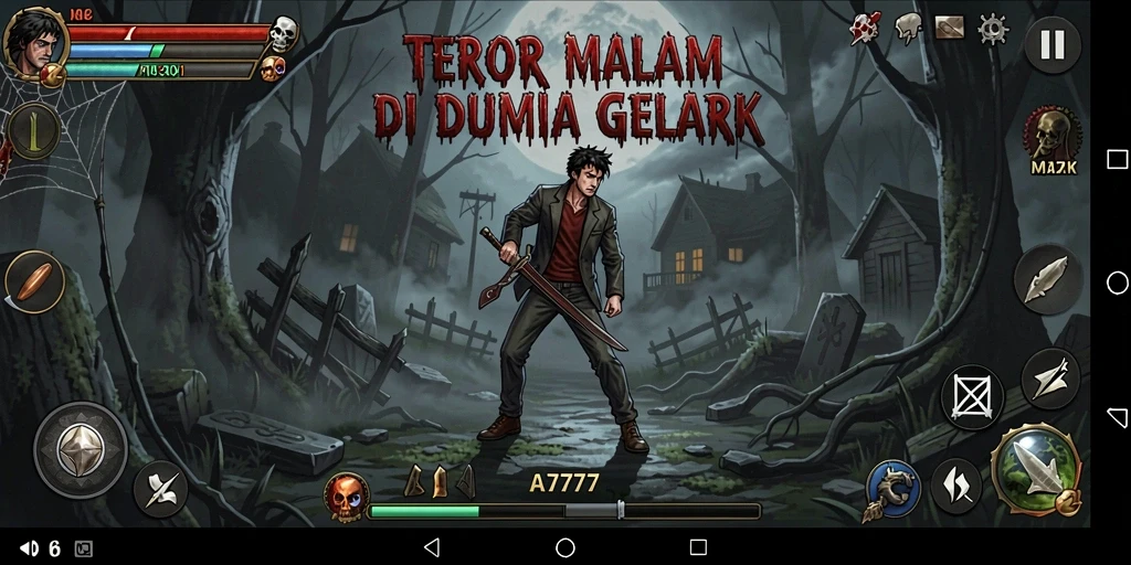 Screenshot gameplay A7777 menampilkan suasana menyeramkan yang mengerikan.