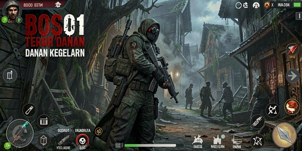 Screenshot gameplay BOS01 menampilkan momen menegangkan saat karakter menghadapi makhluk menakutkan.