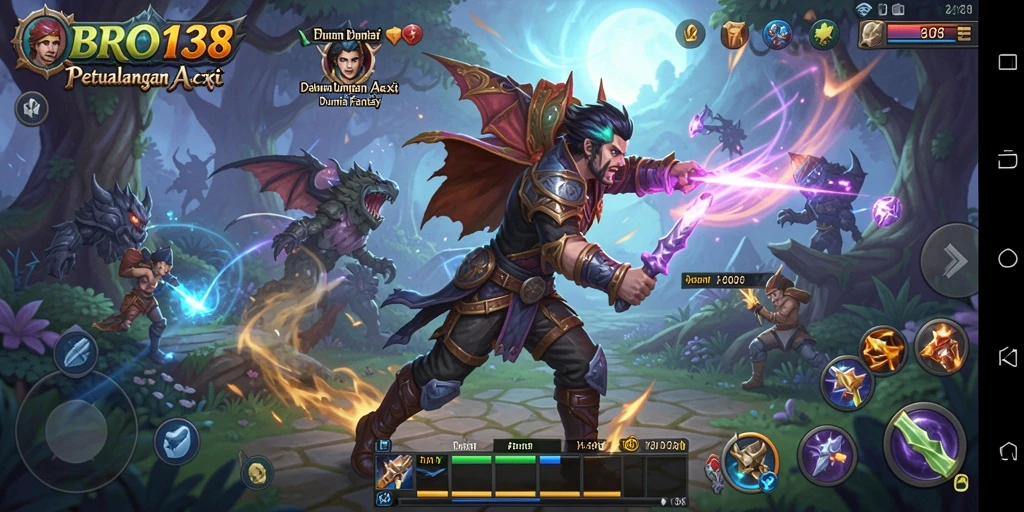 Tangkapan layar gameplay BRO138 yang menampilkan pertarungan seru di dunia fantasi.