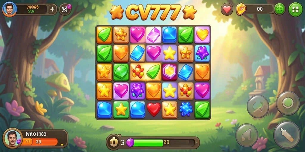 Screenshot gameplay CV777 menampilkan kombinasi warna-warni dalam tantangan Match-3.