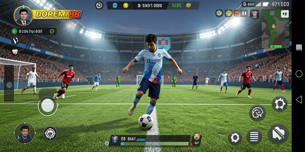 Tampilan gameplay DOREMI88 menampilkan aksi sepak bola yang mendebarkan.