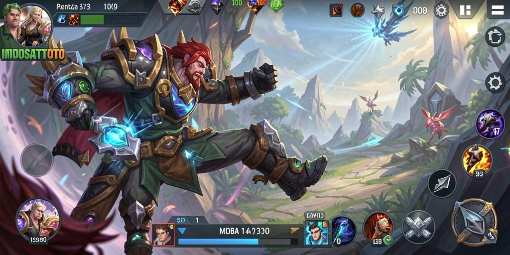Screenshot gameplay INDOSATTOTO menunjukkan aksi MOBA yang mendebarkan.
