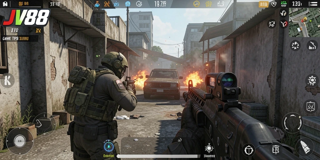 Tampilan gameplay JV88 menampilkan aksi seru dalam pertempuran TPS.