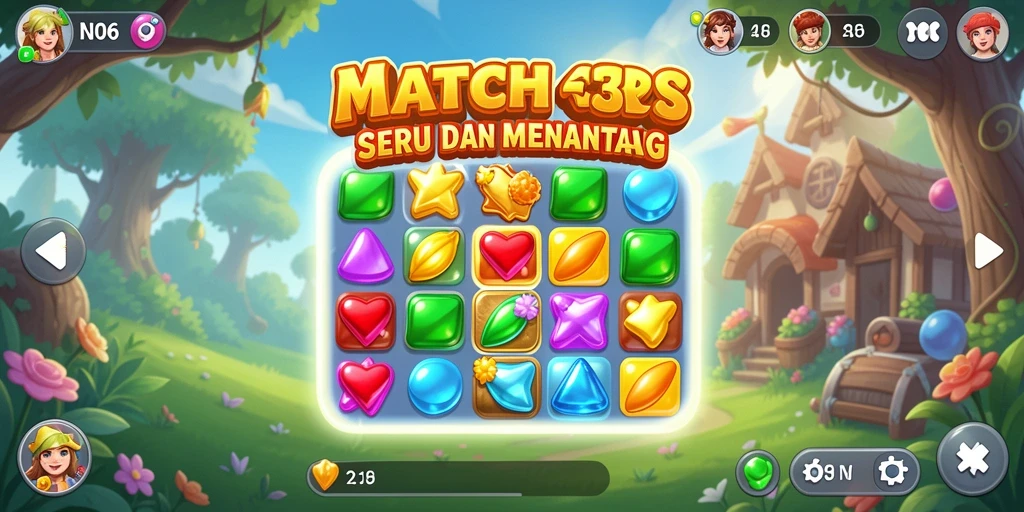 Tampilkan gameplay seru N06 yang penuh warna dan tantangan Match-3.