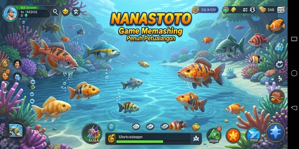 Gameplay NANASTOTO yang menampilkan aksi memancing yang seru dan beragam.