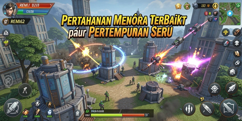 Screenshot REMI62 menampilkan aksi seru dalam pertahanan menara.