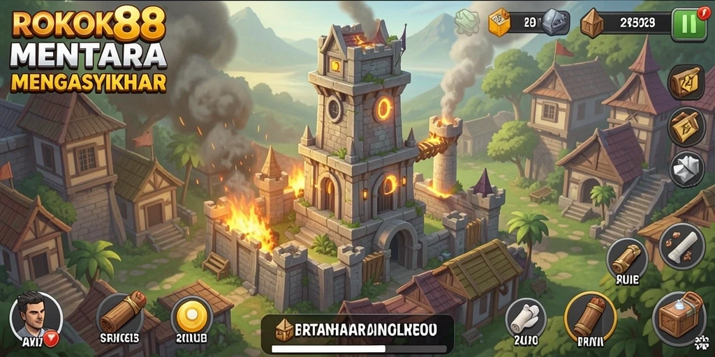 Screenshot gameplay ROKOK88 menampilkan menara yang menghancurkan musuh dalam pertempuran strategis.