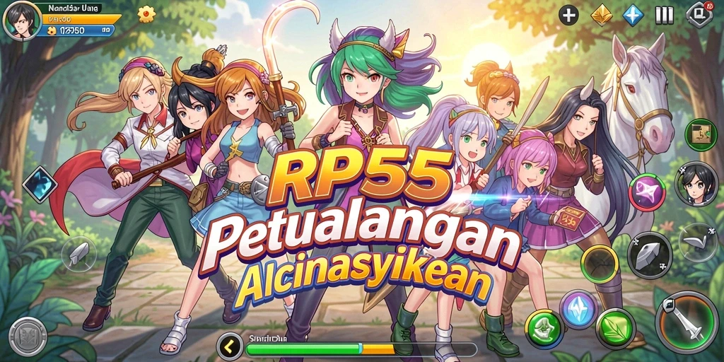 Tampilan gameplay RP55 yang penuh warna dan karakter anime.