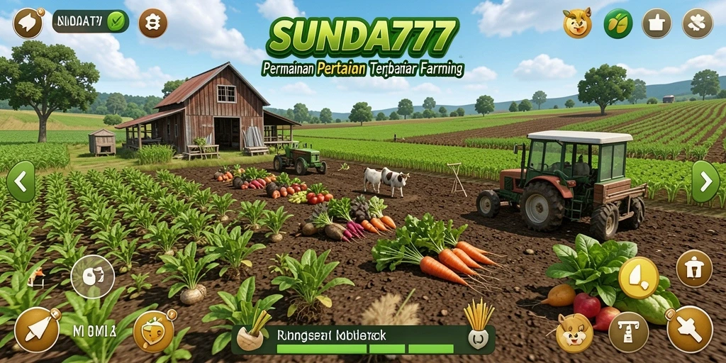 Tampilan gameplay SUNDA777 yang menampilkan pertanian yang kaya dan berwarna.