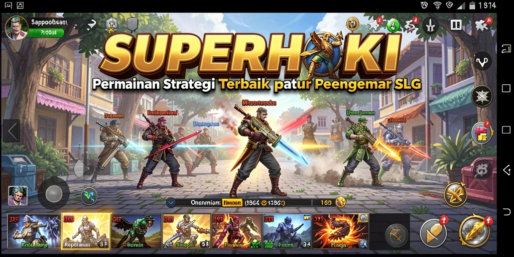 Tampilan gameplay <strong>SUPERHOKI</strong> yang menampilkan pertempuran strategis dan pembangunan kerajaan.