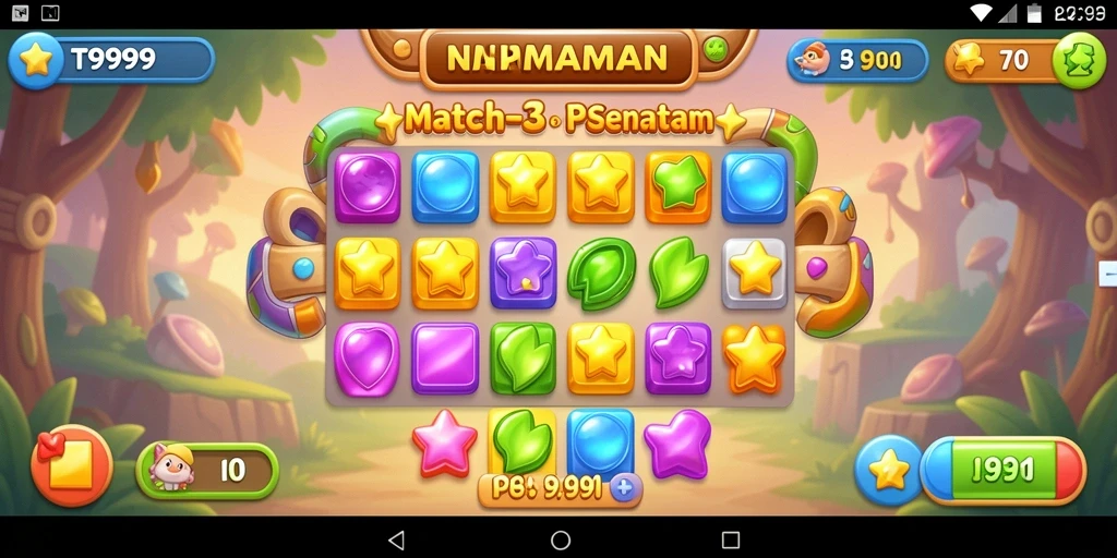 Tampilan gameplay T9999 yang menarik dengan permata berwarna-warni.